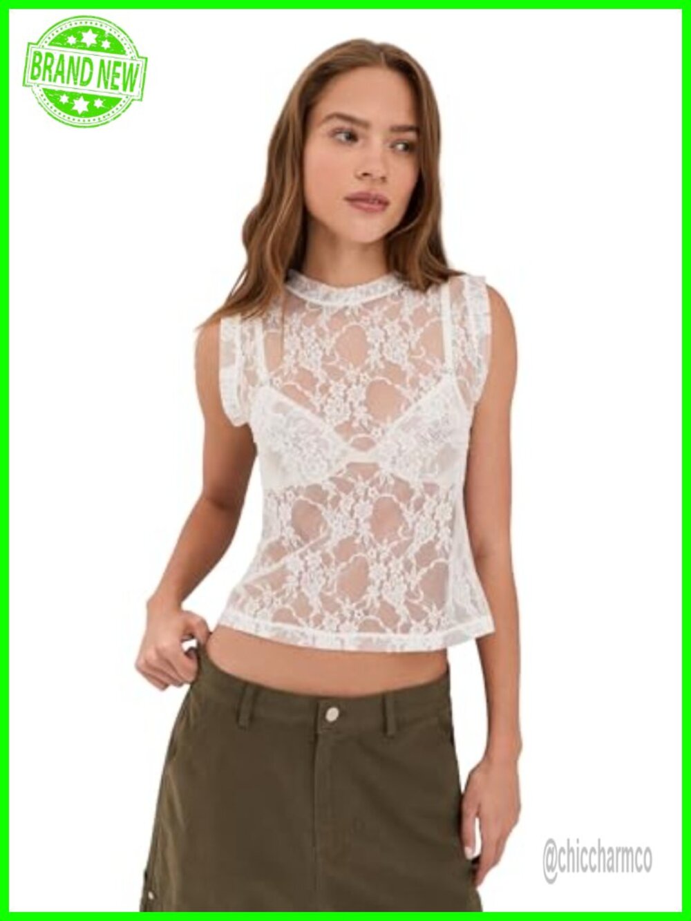 Ella Lace Tank Top Fitted Crew Neck Sleeveless Floral Lace Women's